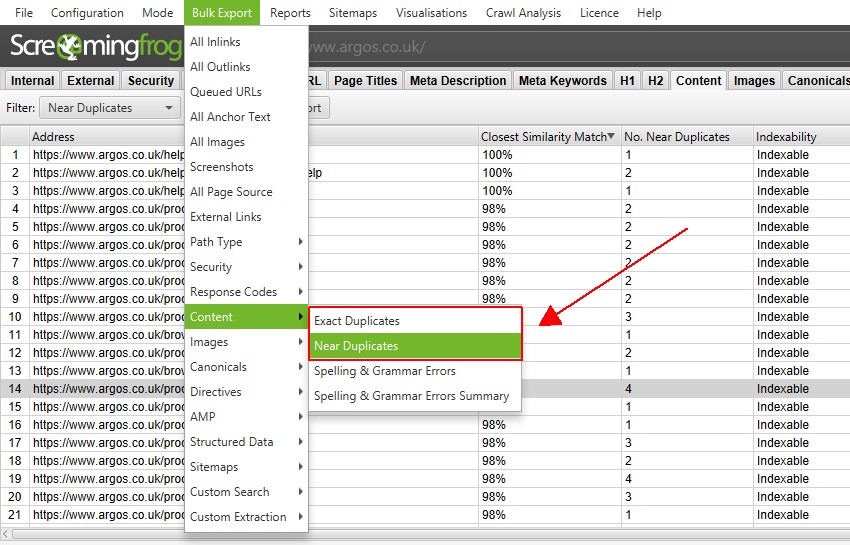 Bulk Export Duplicate Pages