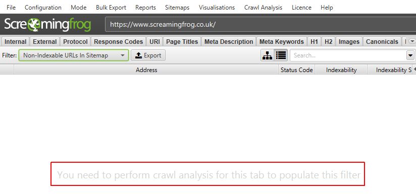 Crawl Analysis tabs message