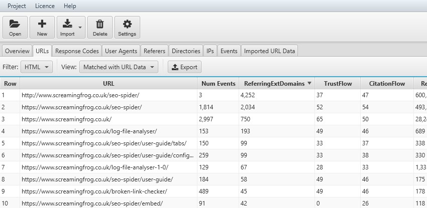 External links matched with log file events