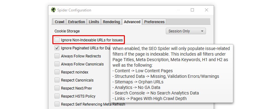 Ignore Non-Indexable URLs for Issues