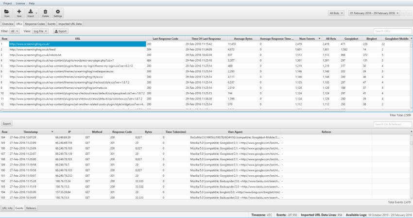 log file analyser urls tab