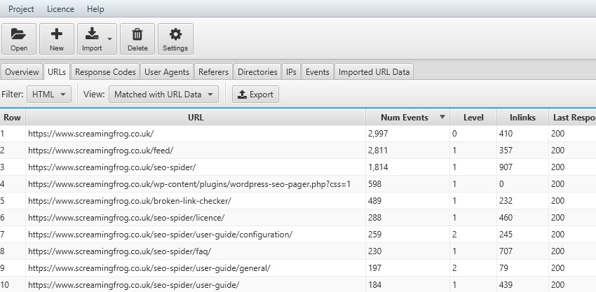 Log file data with level and inlinks