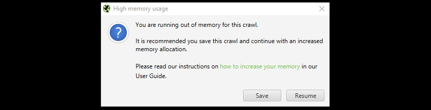 SEO Spider out of memory warning