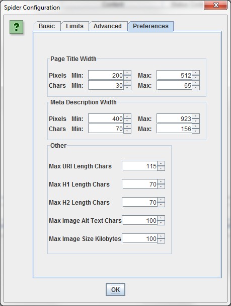 SEO spider configuration preferences