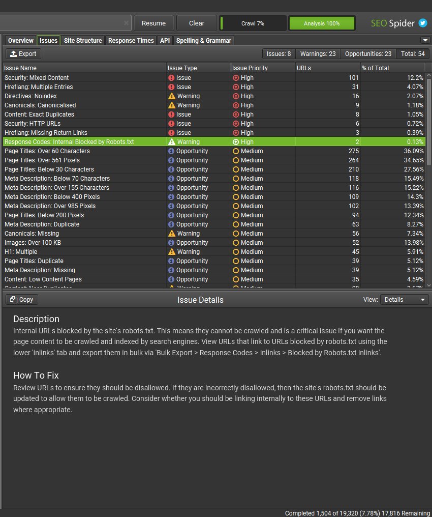 Screaming Frog SEO Spider Issues Tab