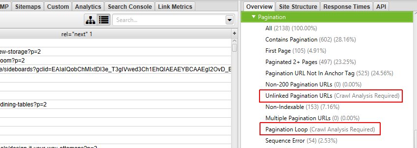 pagination filters requiring post crawl analysis