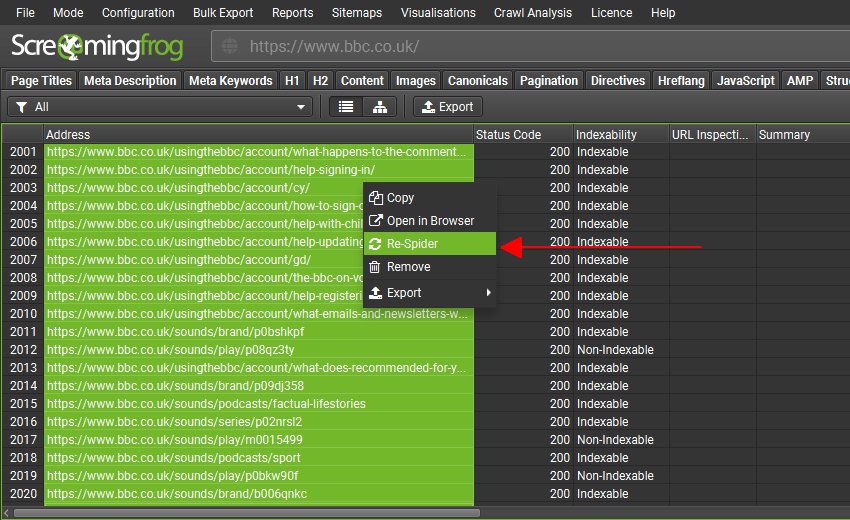 Right Click Re-Spider to Update URL Inspection API Data
