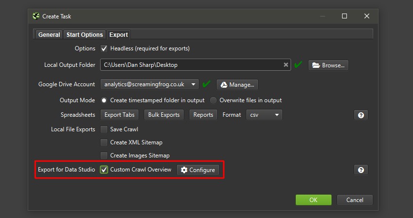 Data Studio Crawl Export