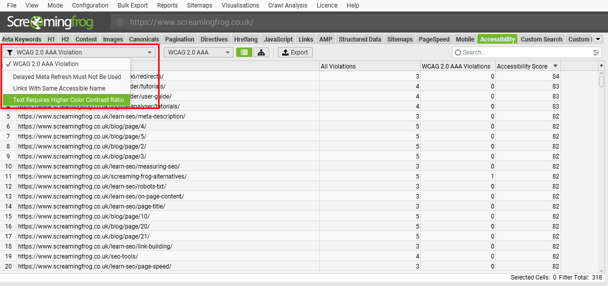 Accessibility Tab WCAG filters and rules