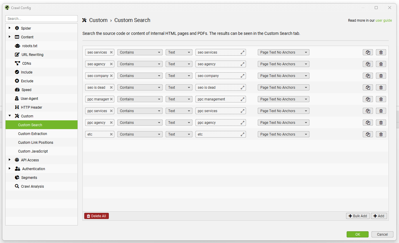 Custom search bulk upload filters