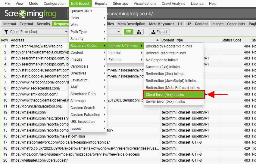 Bulk Export 4XX Inlinks