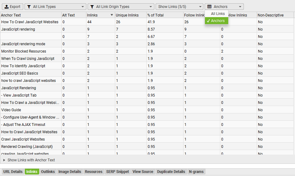 Aggregated anchor text in inlinks tab