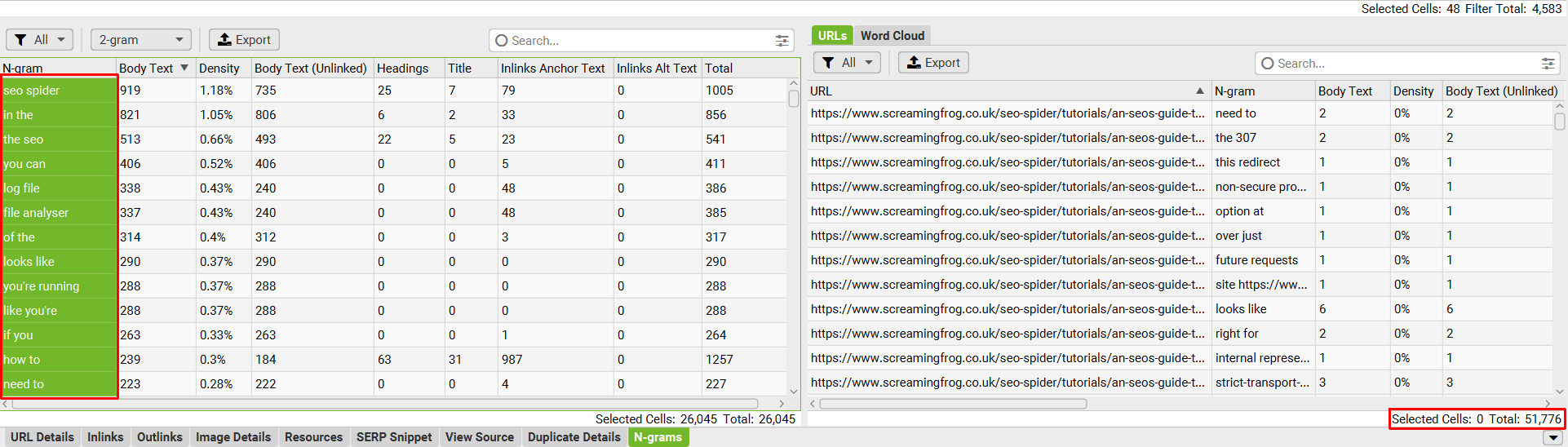 All n-grams selected and showing every URL they appear on!